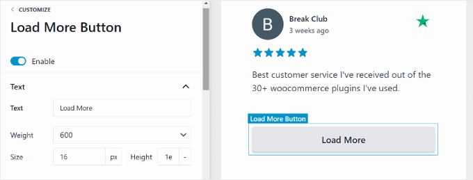 Customizing the review feed's load more button using the Reviews Feed Pro plugin