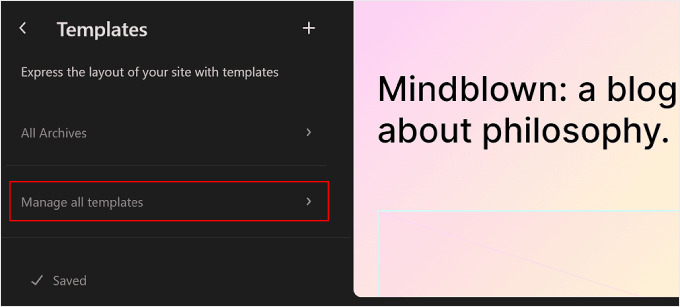 Clicking the Manage all templates button in WordPress Full Site Editor