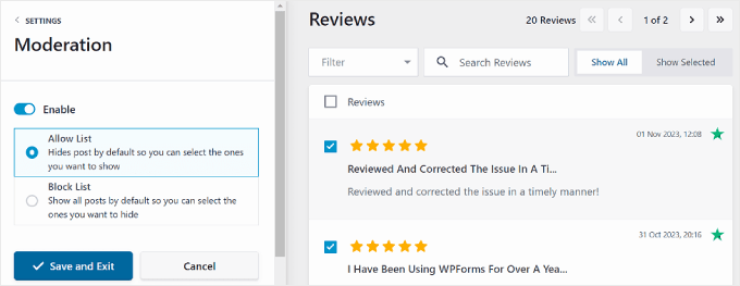 Reviews Feed Pro's moderation settings