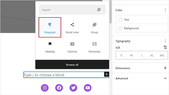 Adding a Paragraph block on top of the Social Icons block