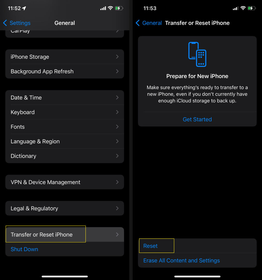 Resetting iPhone via Settings