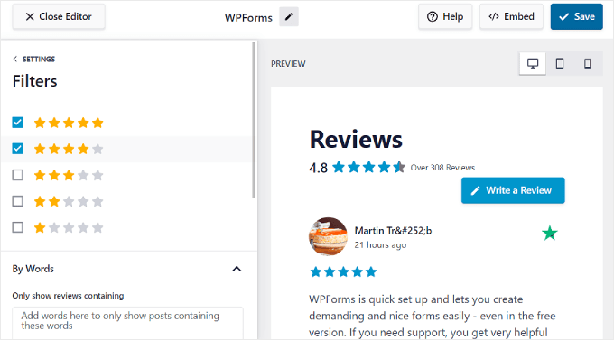 Configuring the review filters using the Reviews Feed Pro plugin