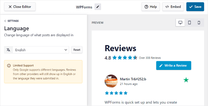 Reviews Feed Pro's language settings