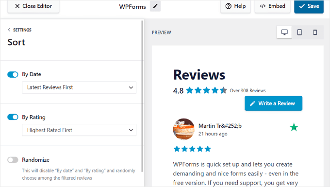 Configuring the review display sort settings using the Reviews Feed Pro plugin