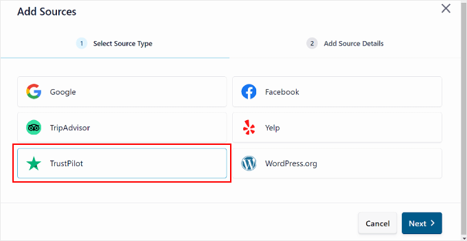 Selecting Trustpilot as a review source in the Reviews Feed pro plugin