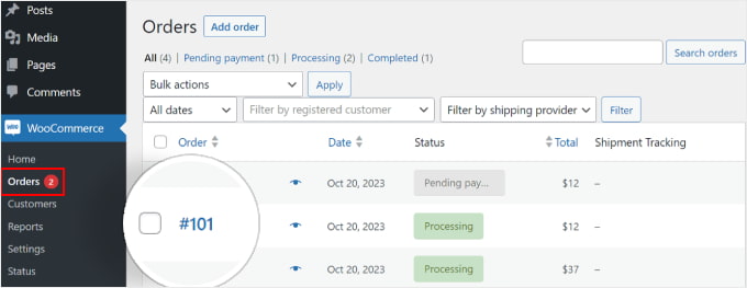 Choosing an order on WooCommerce's Orders page