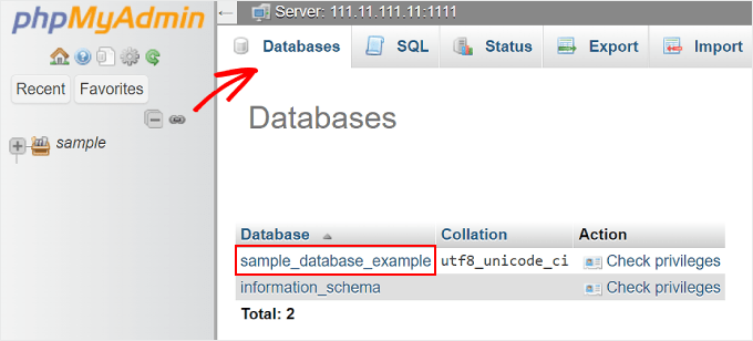 Selecting a database on phpMyAdmin