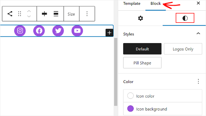 Configuring the Social Icons color and styles in the Block Styles tab