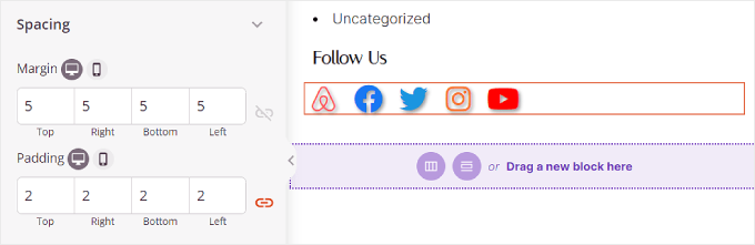 Configuring the Social Profiles block spacing in SeedProd