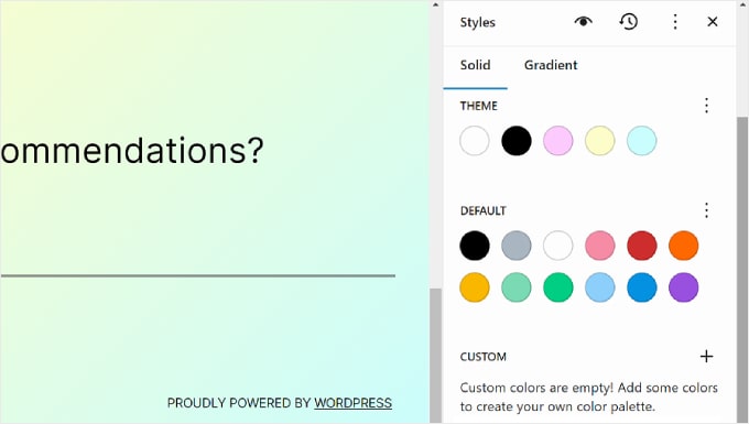 Theme, Default, and Custom color settings in the Styles tab within WordPress Full Site Editor