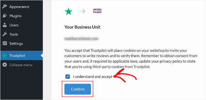 The cookie confirmation step when setting up Trustpilot