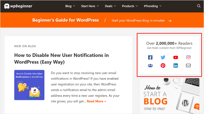 WPBeginner's social media icons on the sidebar