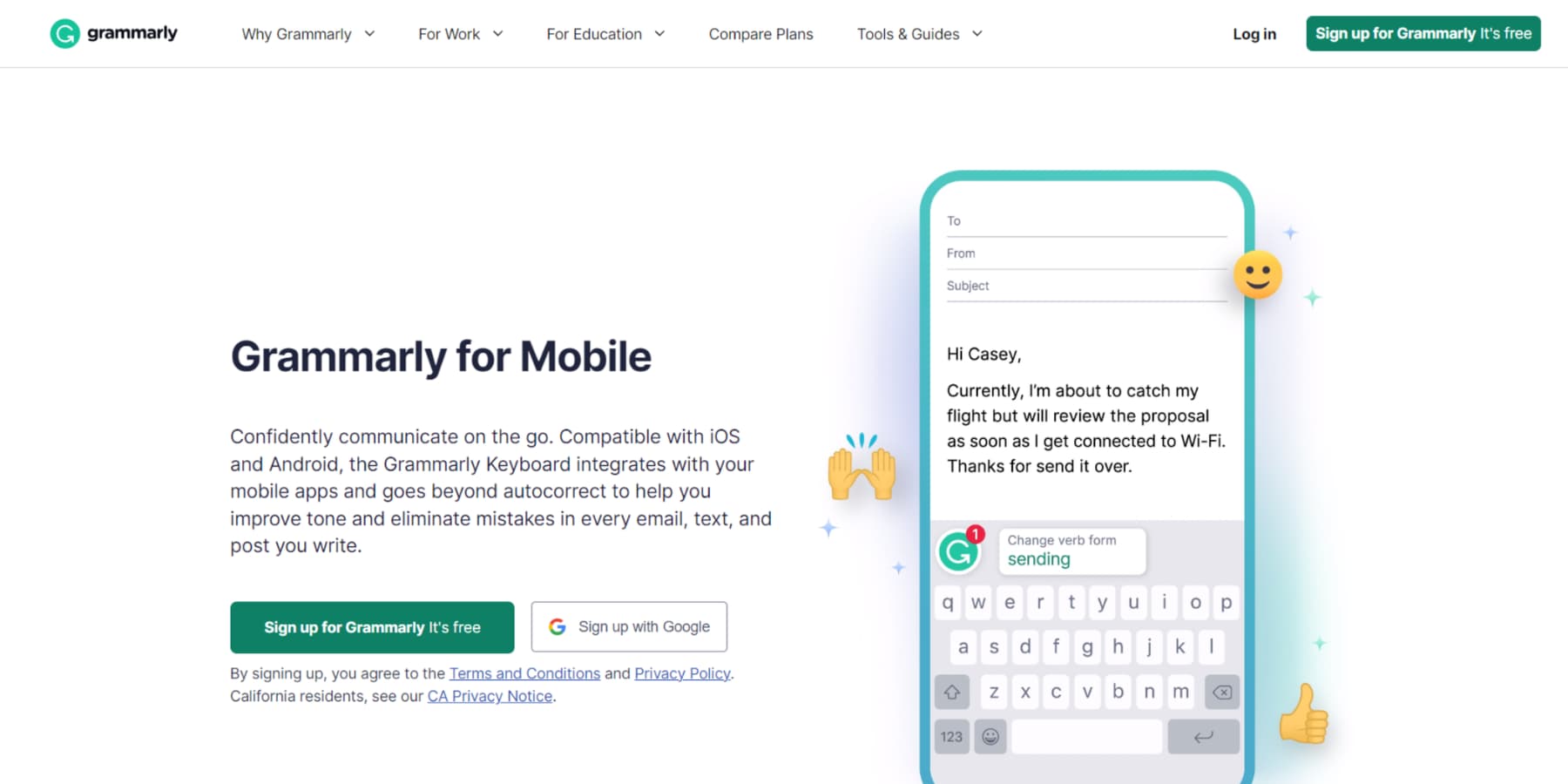 A screenshot of Grammarly mobile app's homepage
