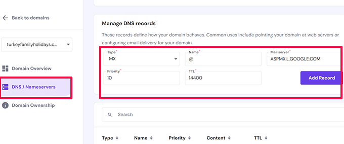 Add MX record in Hostinger