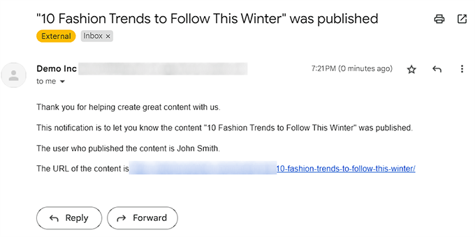 Preview of author email notification upon post publication
