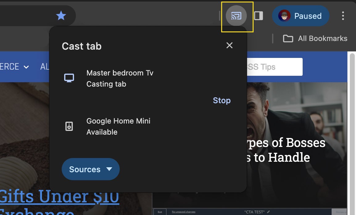 Chrome casting icon in top bar