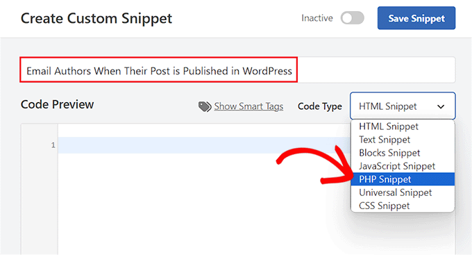 Choose the PHP Snippet option for emailing authors upon post publication