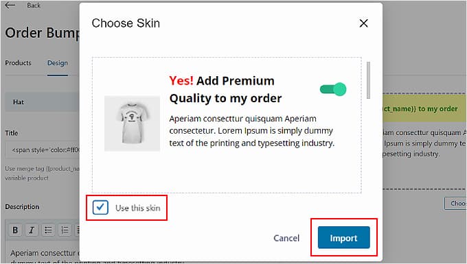 Choosing an order bump skin in FunnelKit