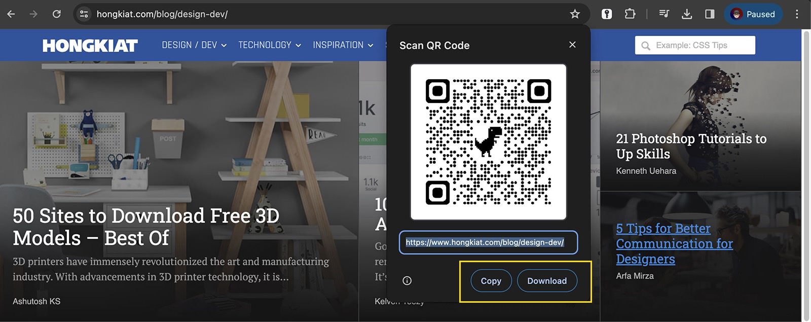 Options to copy or download QR code