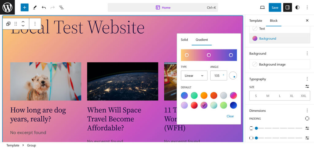 create gradients in wordpress site editor