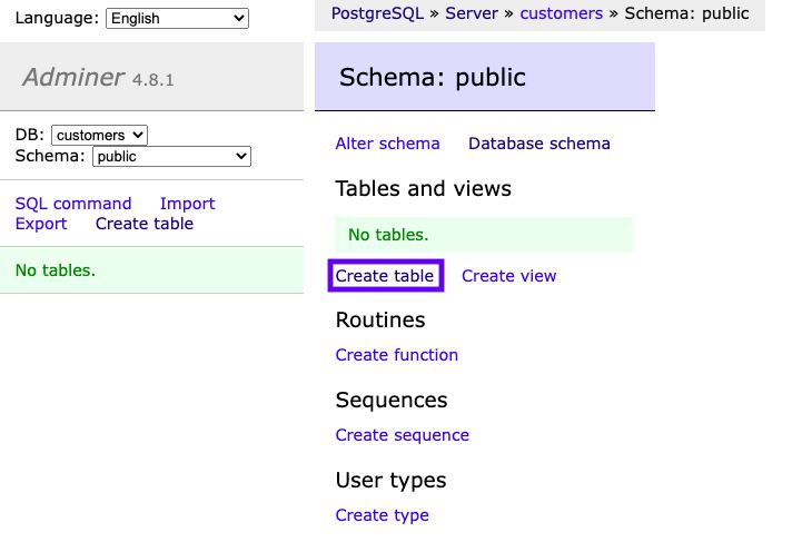 Creating a table in a database with Adminer