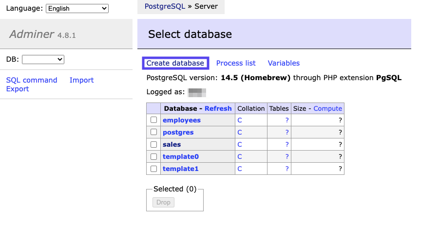 Creating a new database with Adminer