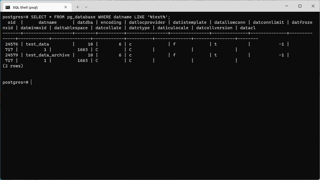 A list of databases with names containing the string test