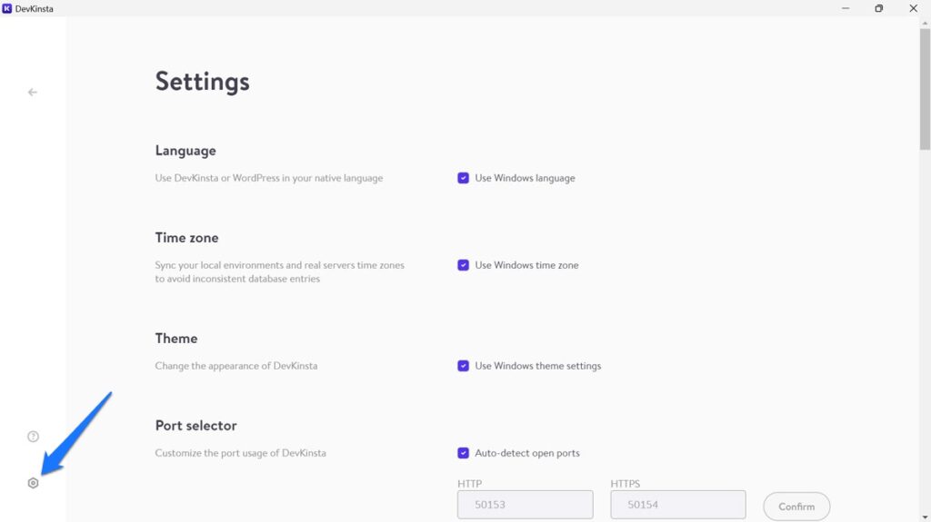 devkinsta settings