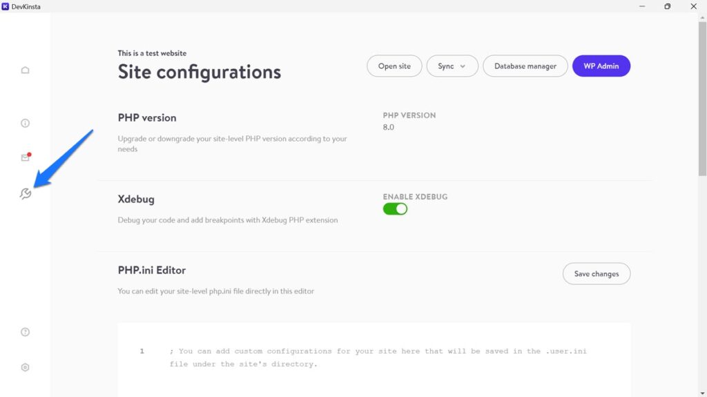 devkinsta site configuration options
