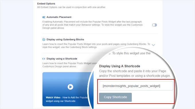 Copying the popular posts widget shortcode in MonsterInsights