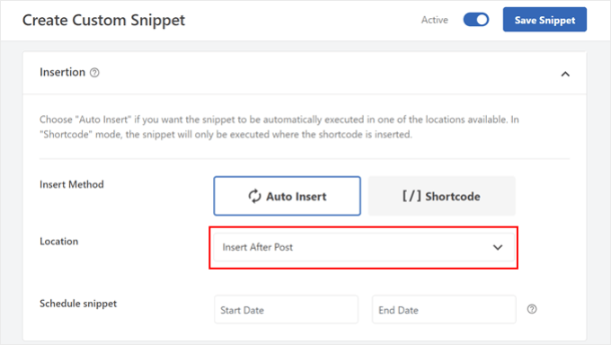 Choosing Insert After Post as the code insertion location in WPCode