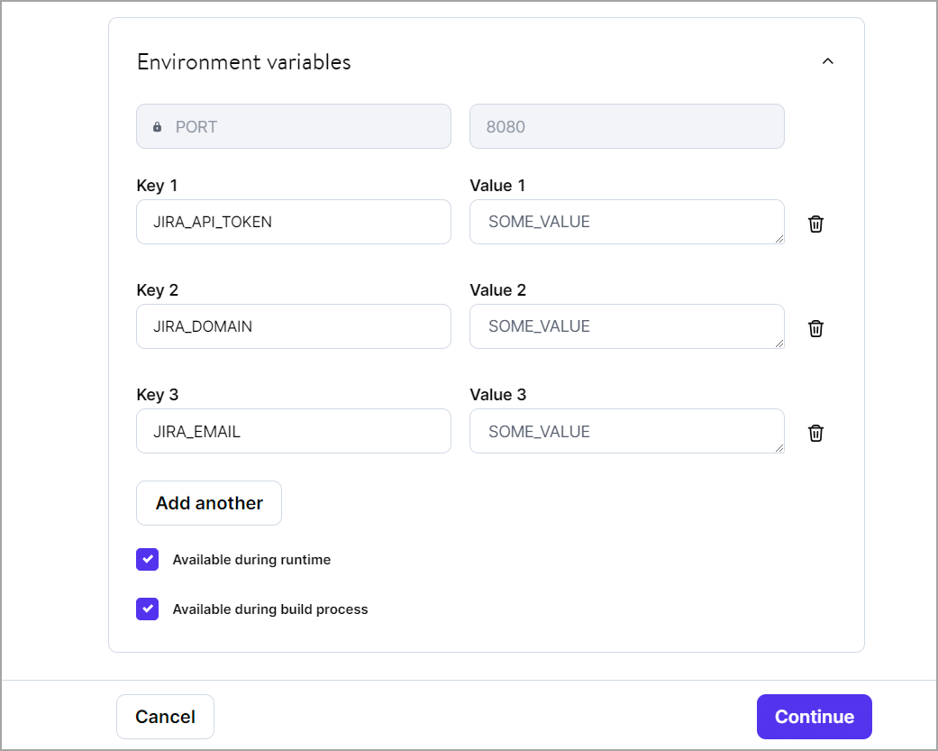 A form for adding key-value pairs of environment variables