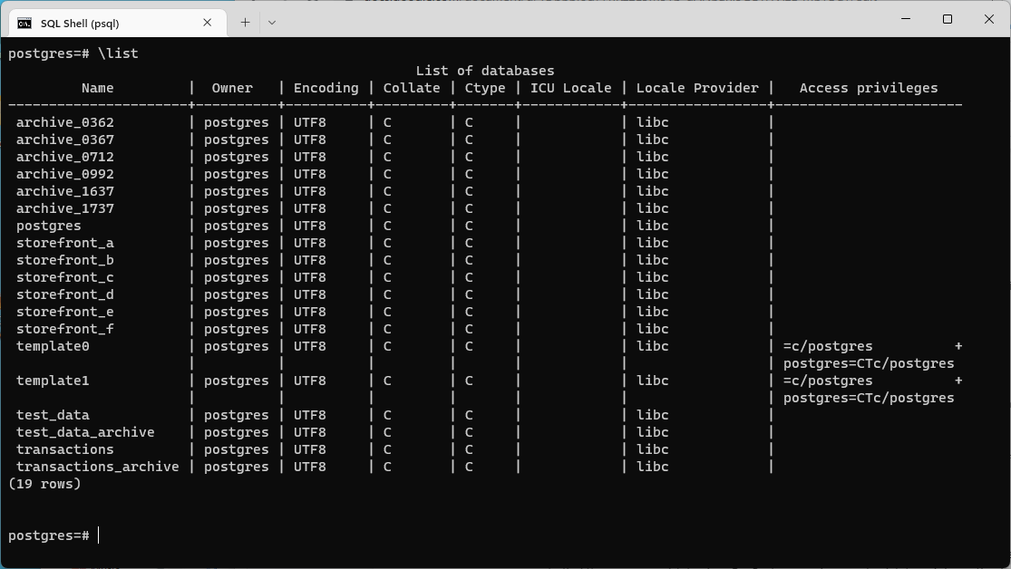 A list of databases in psql