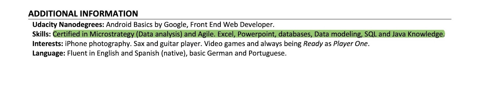  Interests on resume examples: A snippet of a product manager’s resume includes an interests section.