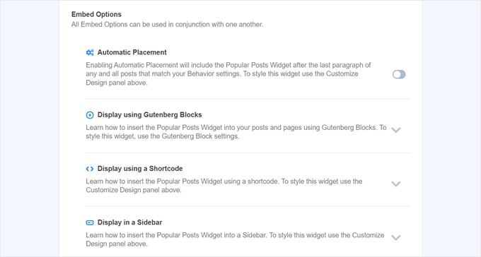 The embed options of popular posts widget in WordPress