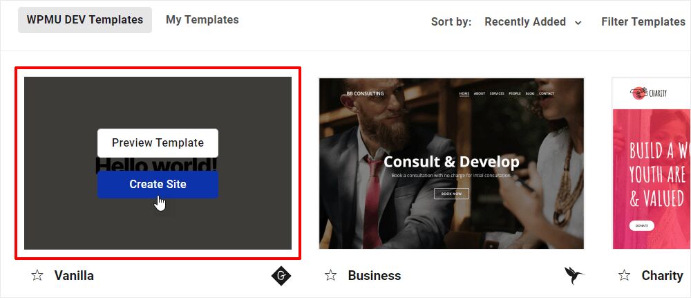 Hovering over template thumbnail to preview or create a site.