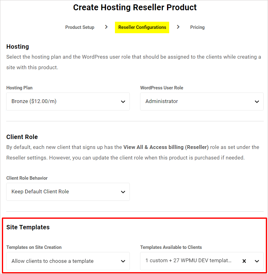 Create Hosting Reseller Product - Reseller Configurations screen.