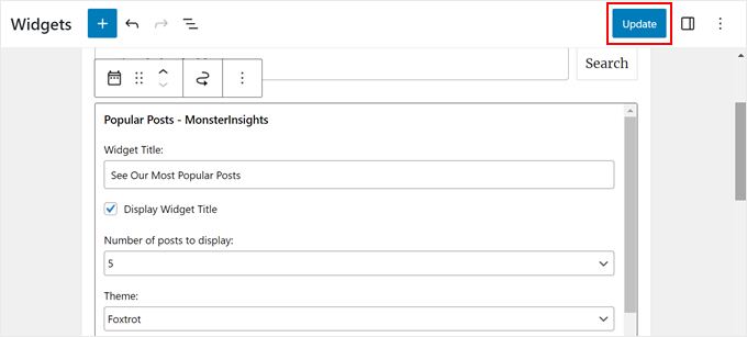 Updating the sidebar area after adding the MonsterInsights popuplar posts widget