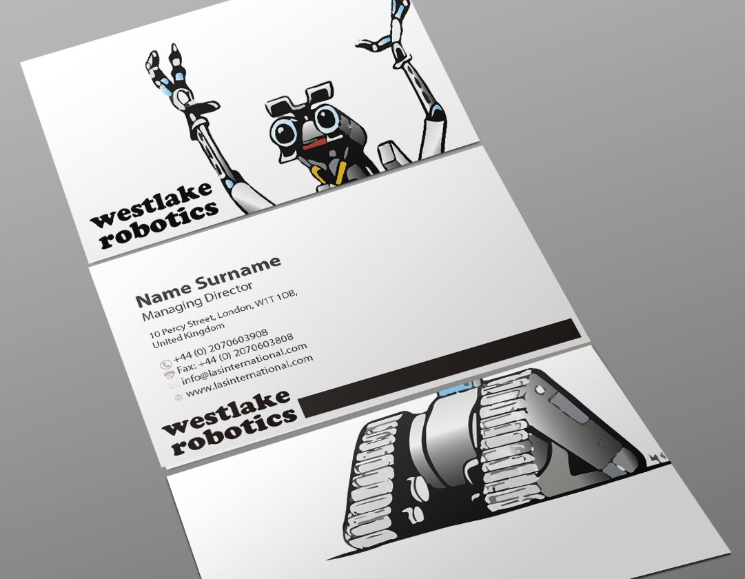 A business card with an interesting robot design.