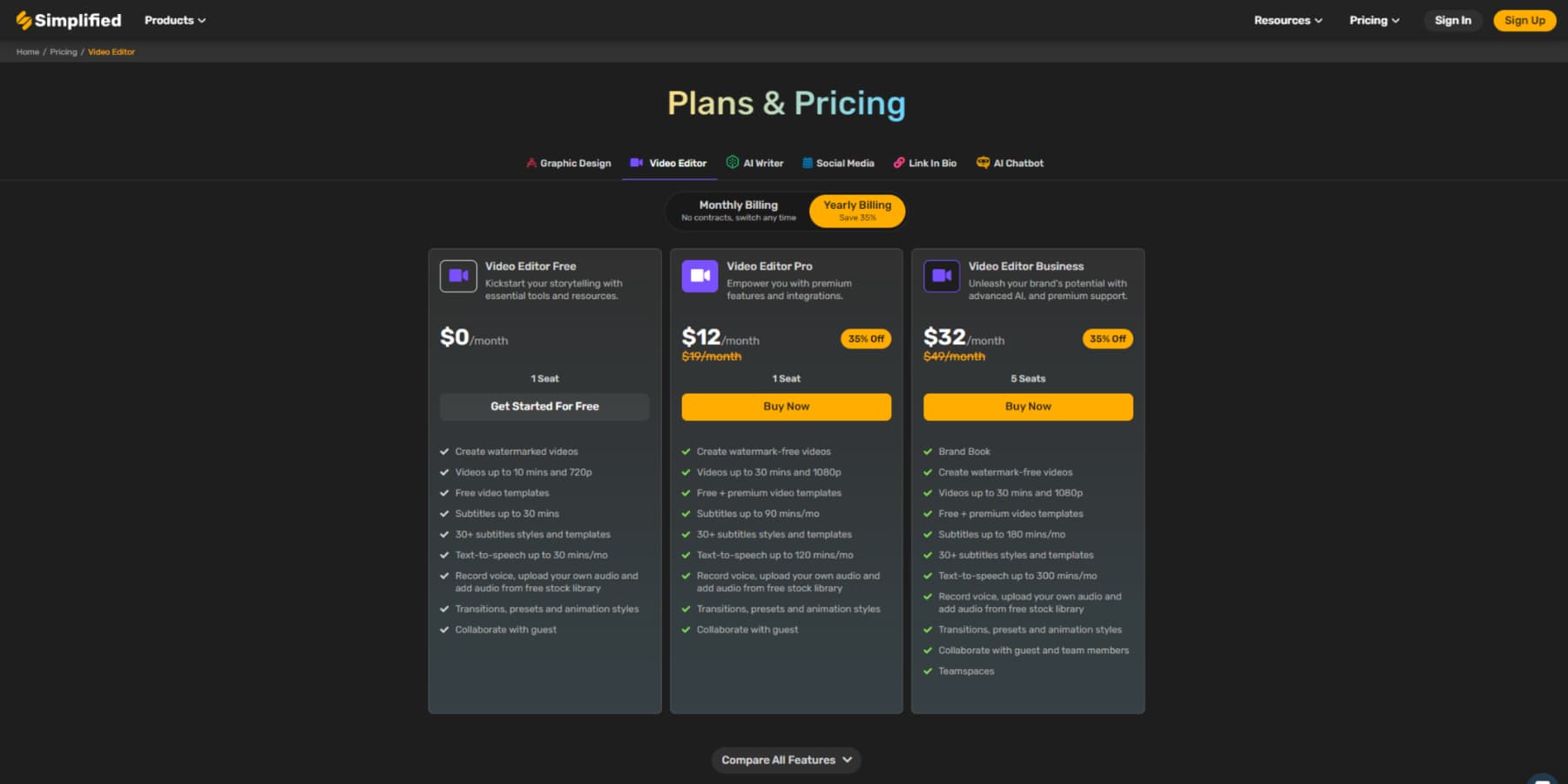 A screenshot of Simplified's Video Editor Plans