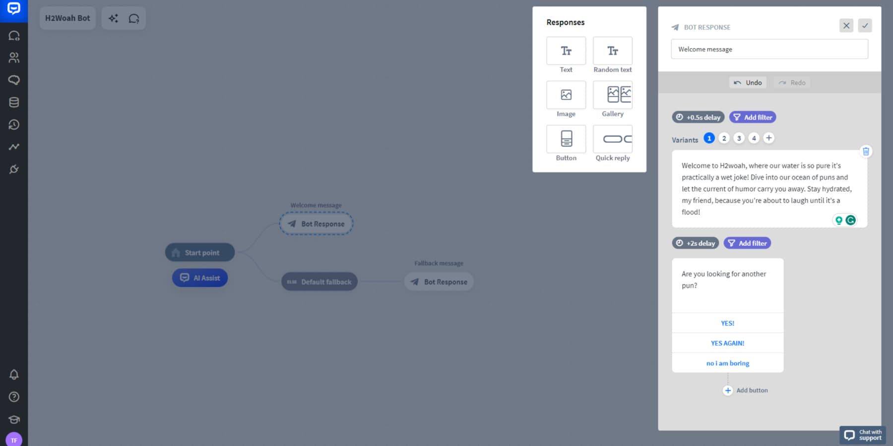 A screenshot of building dynamic responses with Chatbot.com