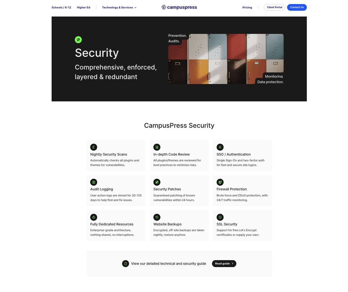 A screen showing CampusPress's security landing page