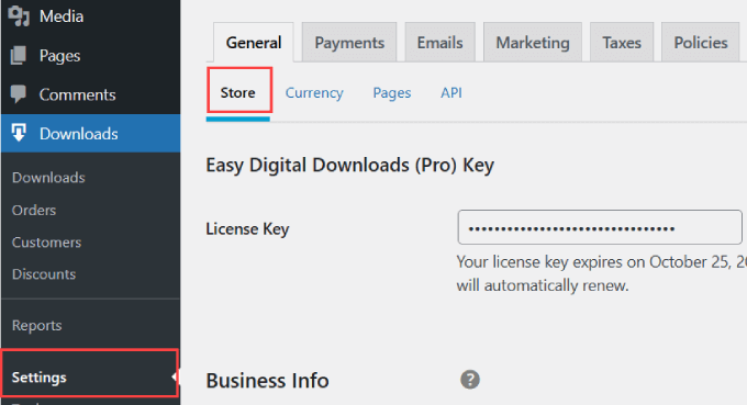 Store settings in EDD 