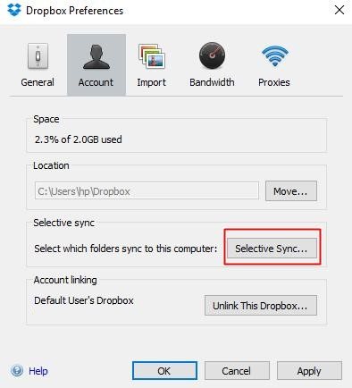 Account tab for Selective Sync in Dropbox