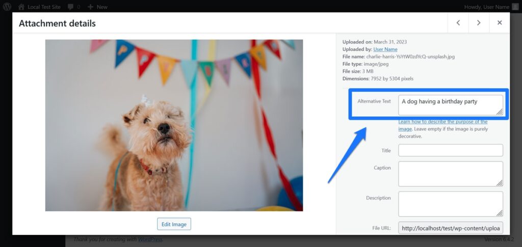 alt text in wordpress media library example