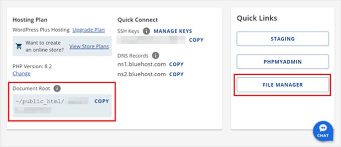 Opening Bluehost's file manager