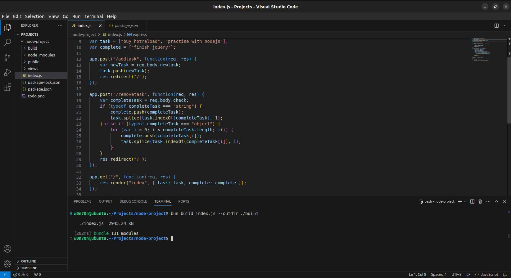 Code and terminal where the build command has been run