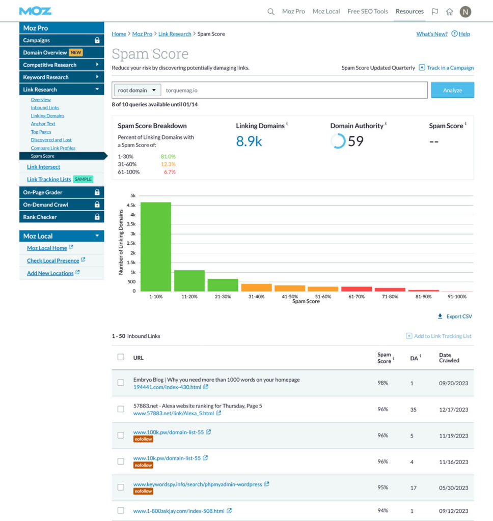 check for spam backlinks in open link explorer