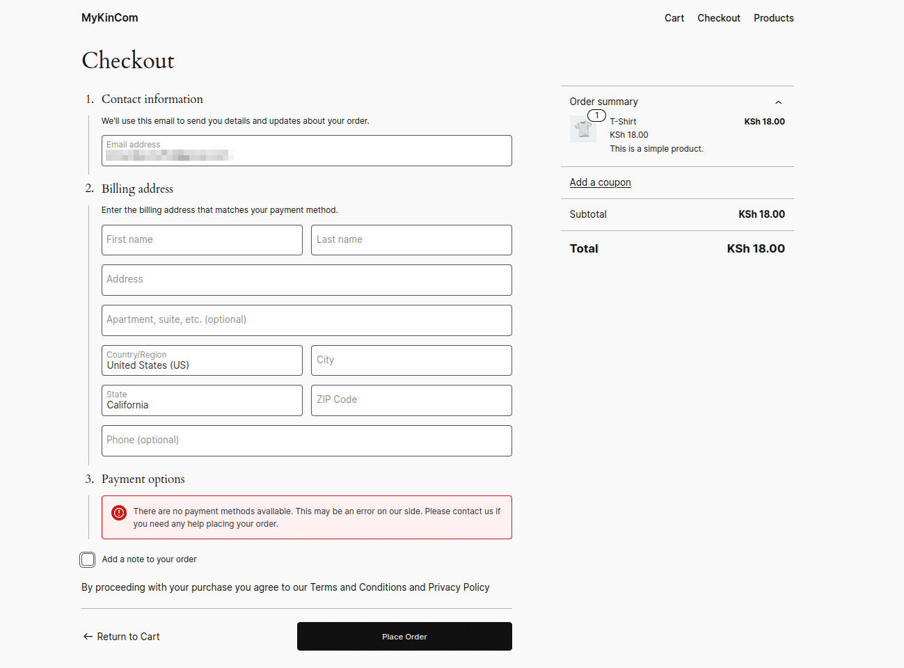 The Checkout form contains fields for the customer's contact information, billing address, and payment option