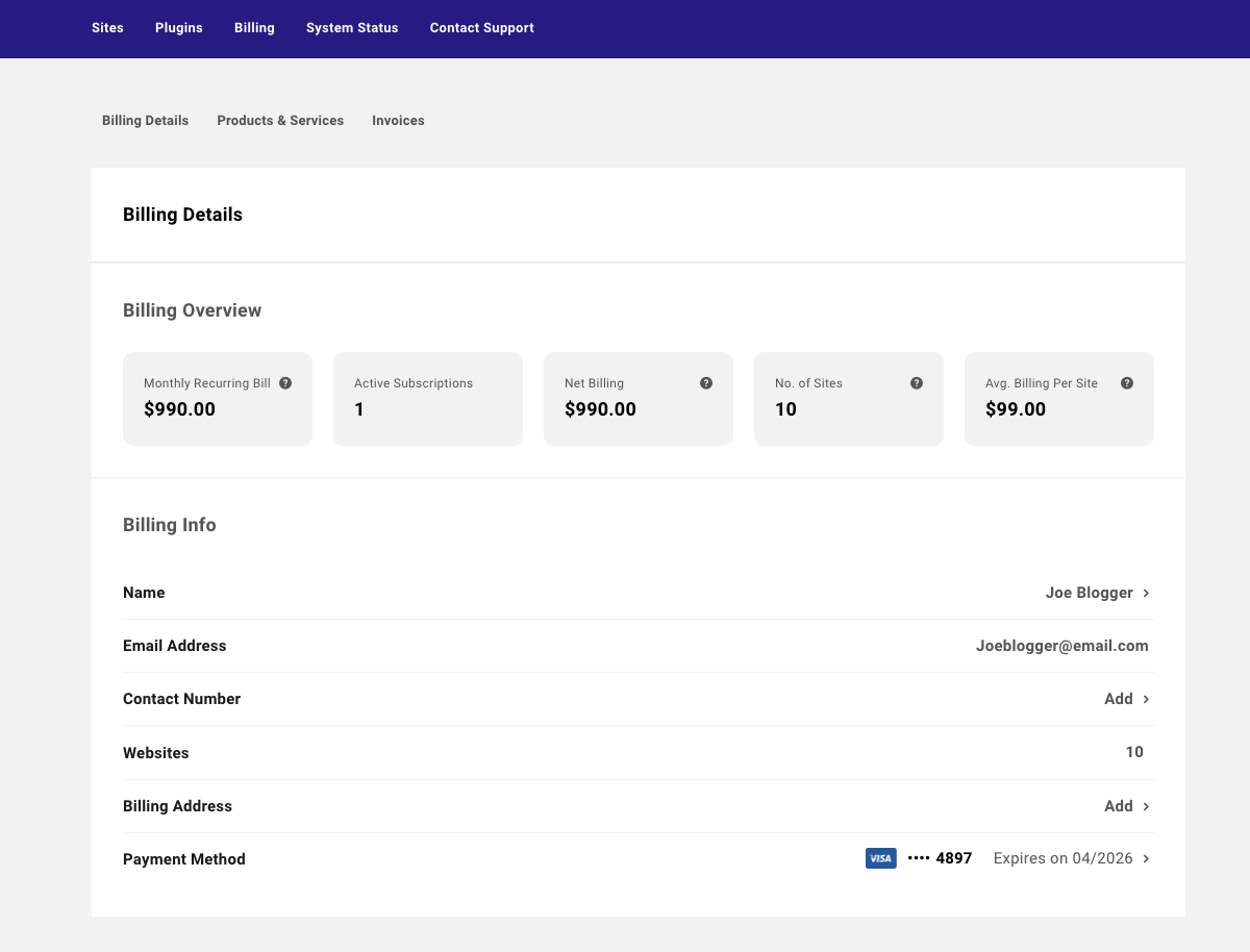 A look at the billing interface inside of CampusPress